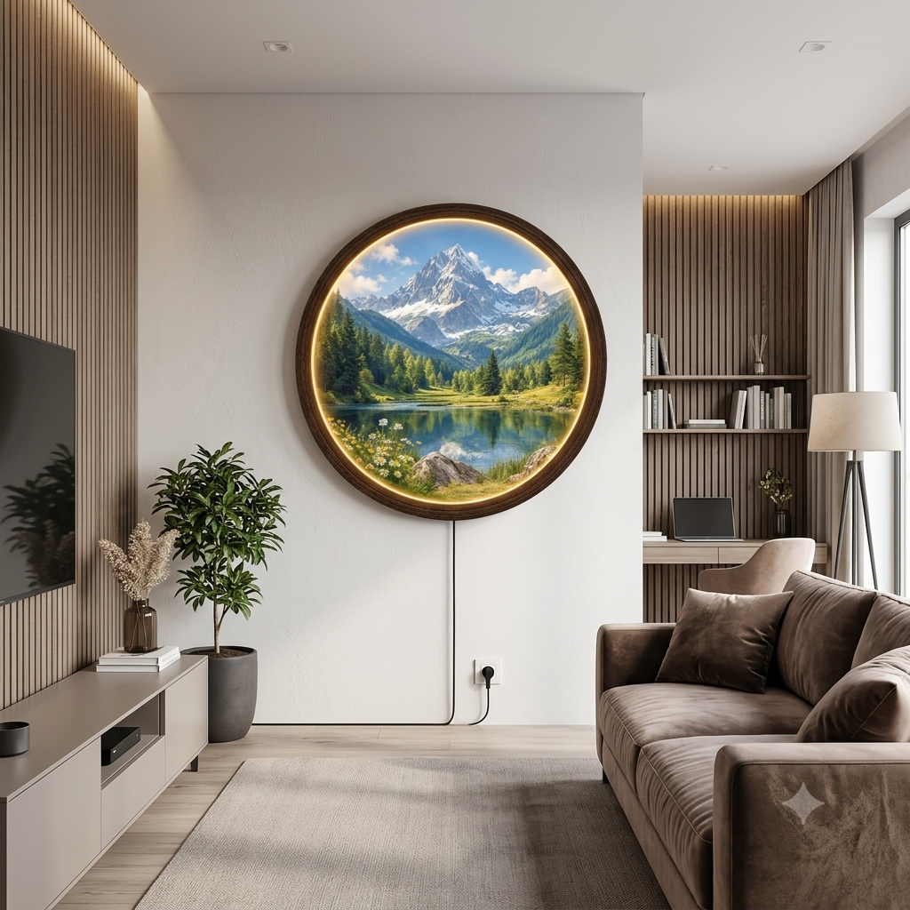 Mountain Lake LED Wall Art – Round Wooden Frame | Illuminated Nature Wall Decor