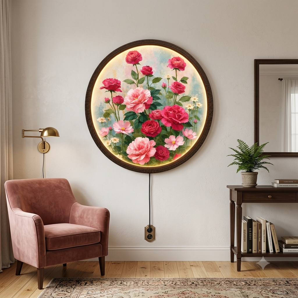 Floral Bloom Round LED Wall Art – Illuminated Botanical Home Decor