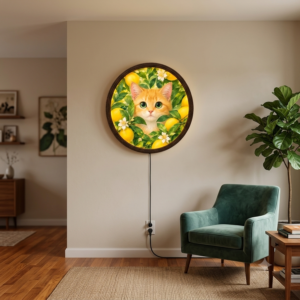 Orange Cat Lemon Garden Round LED Wall Art – Illuminated Cat Wall Decor