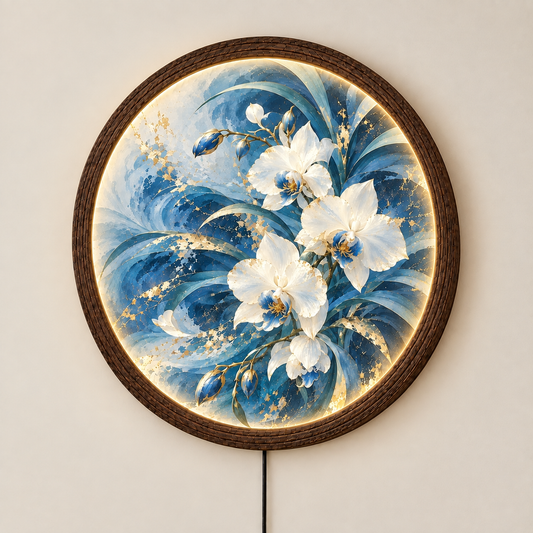 Blue Gold Floral LED Wall Art – Round Illuminated Home Decor