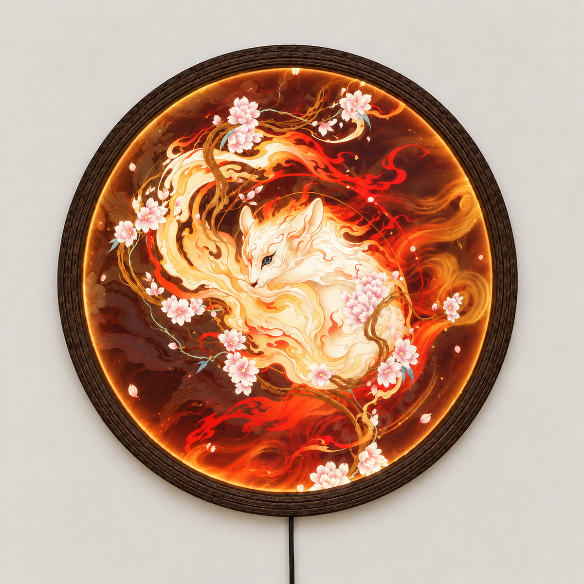 Glowing Nine-Tailed Fox LED Wall Art Light – Japanese Kitsune & Cherry Blossom Illuminated Round Frame