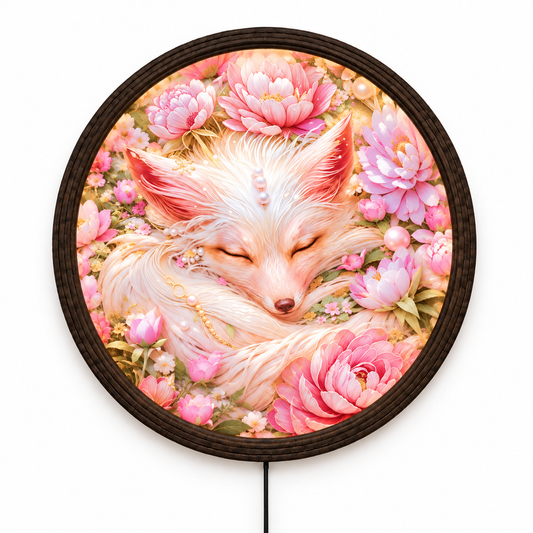 Sleeping Fox LED Wall Art, Round Floral Lighted Wall Decor