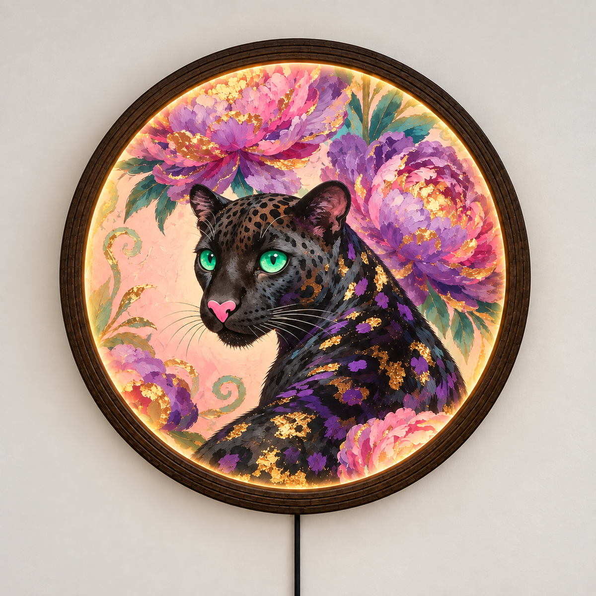 Glowing Golden Leopard LED Wall Art – Round Floral Animal Wall Lamp, Modern Home Decor