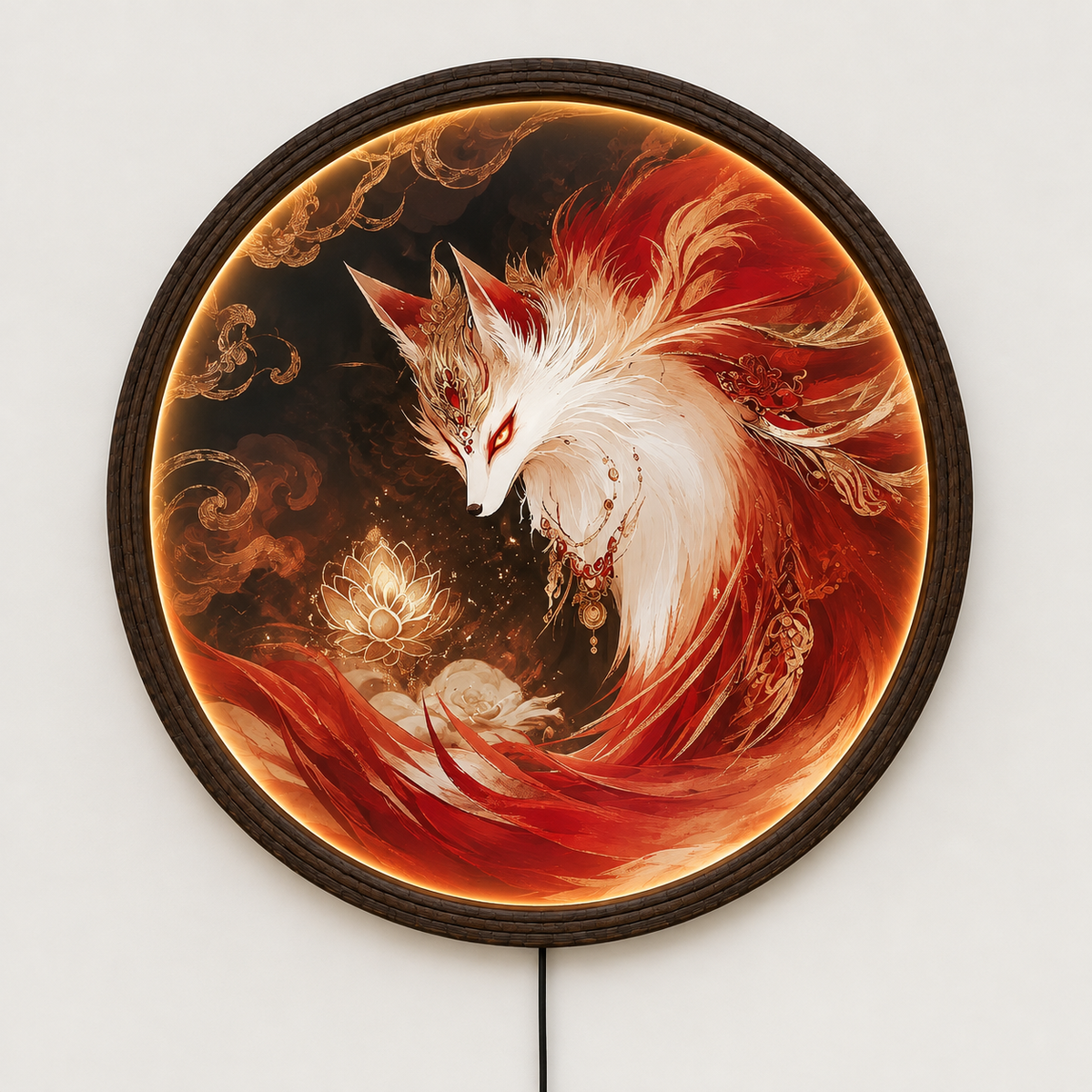 Glowing Kitsune LED Wall Art, Japanese Fantasy Round Lighted Wall Decor, Wooden Frame Illuminated Picture for Home Decor