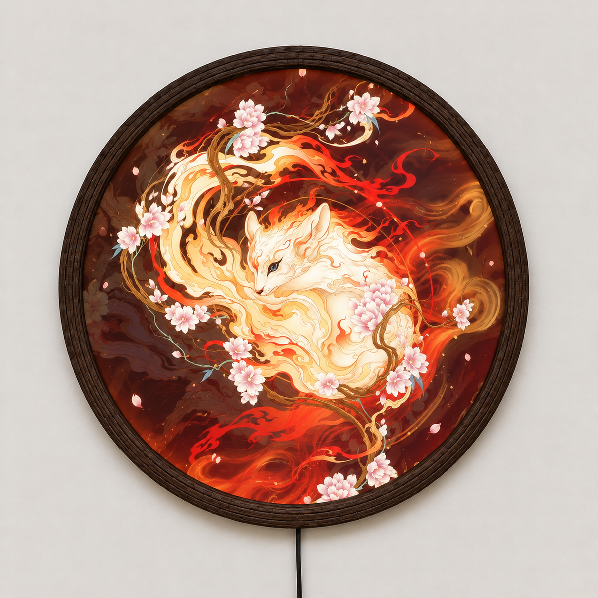 Glowing Nine-Tailed Fox LED Wall Art Light – Japanese Kitsune & Cherry Blossom Illuminated Round Frame