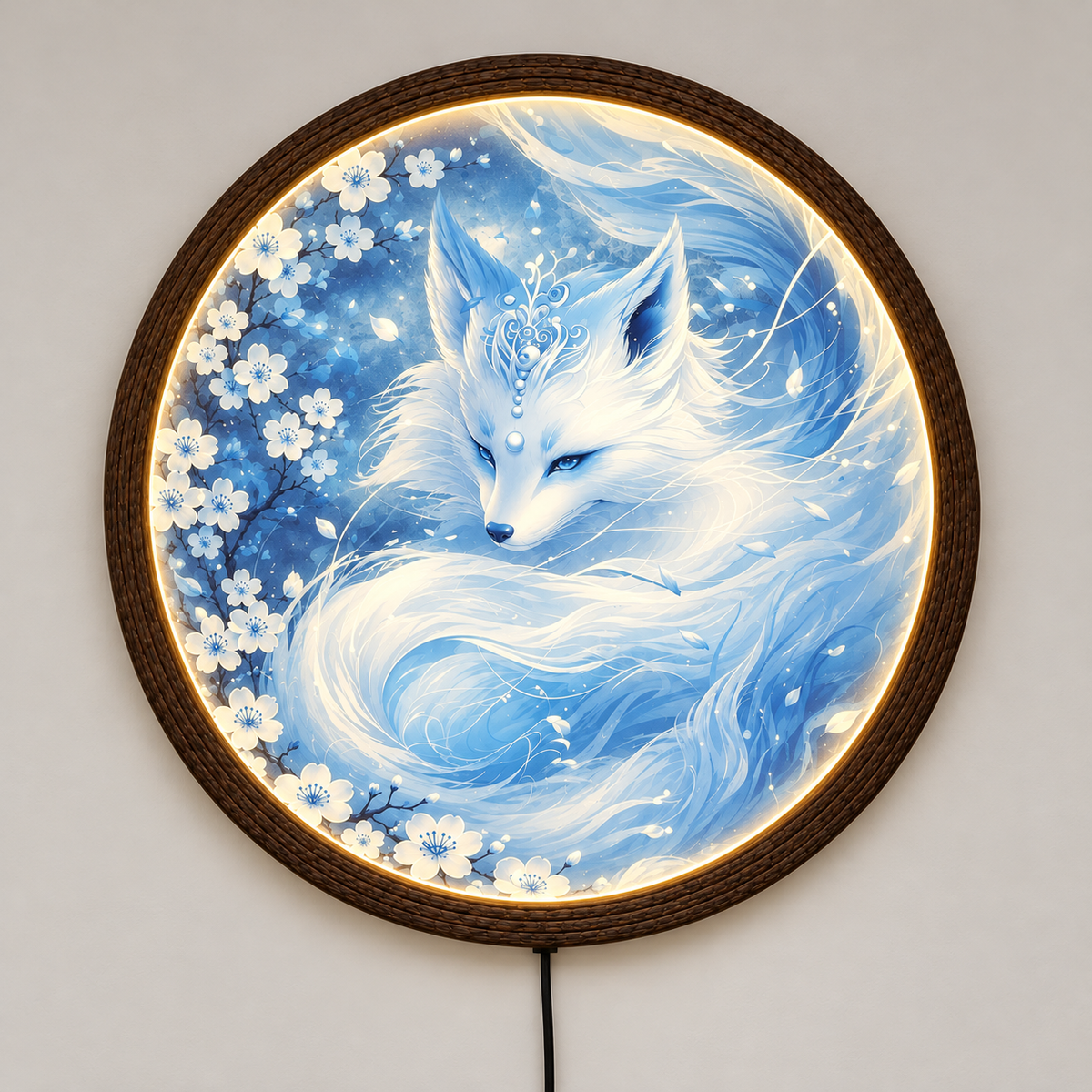 Glowing Blue Fox LED Wall Lamp, Round Japanese Fantasy Wall Art, Illuminated Home Decor with Wooden Frame
