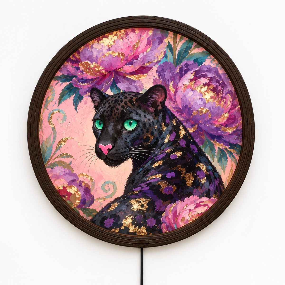 Glowing Golden Leopard LED Wall Art – Round Floral Animal Wall Lamp, Modern Home Decor