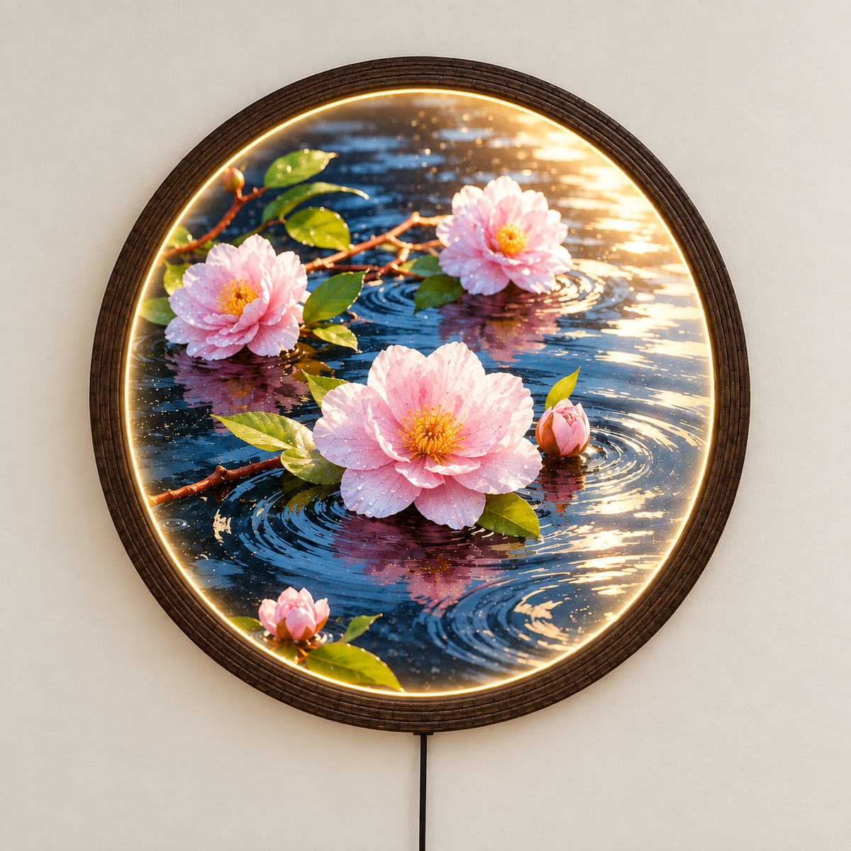 Illuminated Lotus Pond Wall Art – Round LED Wall Decor with Wooden Frame