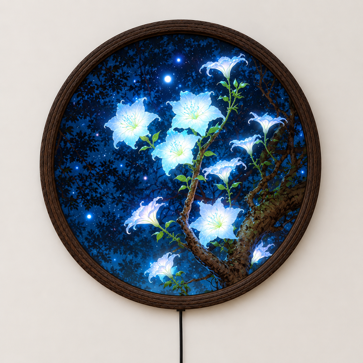 Luminous Moonlit Blossom LED Round Wall Art – Botanical Lighted Wall Decor