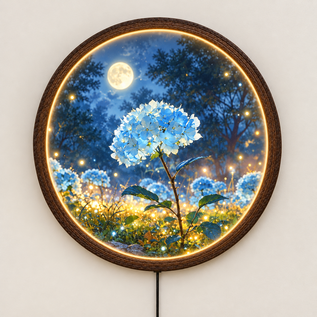 Illuminated Round Floral Wall Art with LED Light – Wooden Frame Home Decor