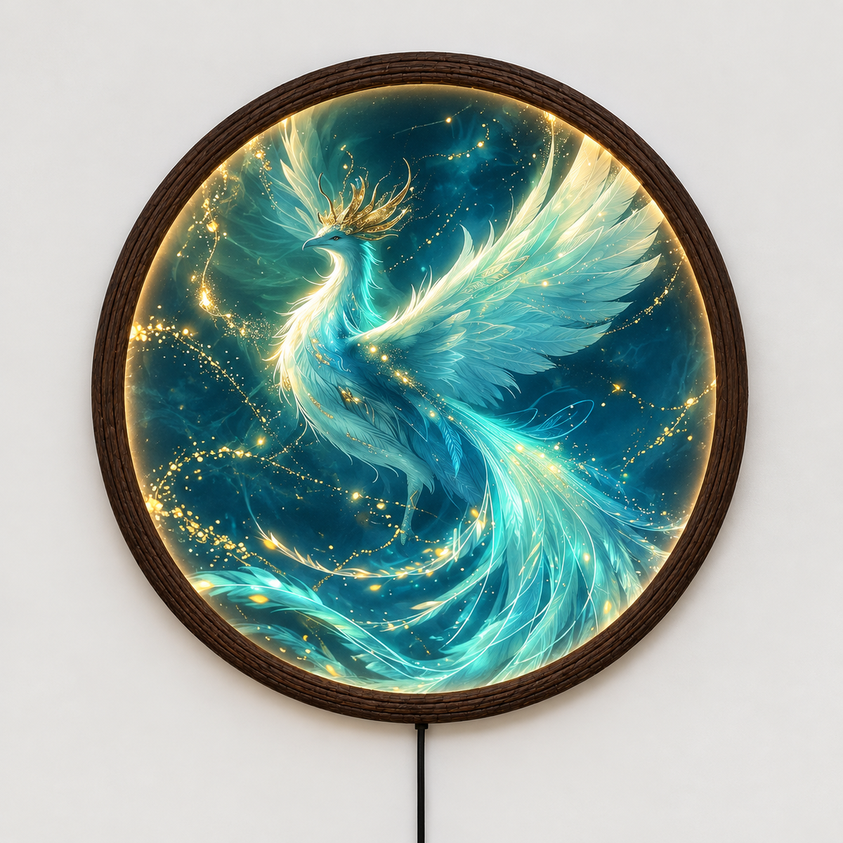 Glowing Phoenix LED Round Wall Art – Turquoise Fantasy Wall Light