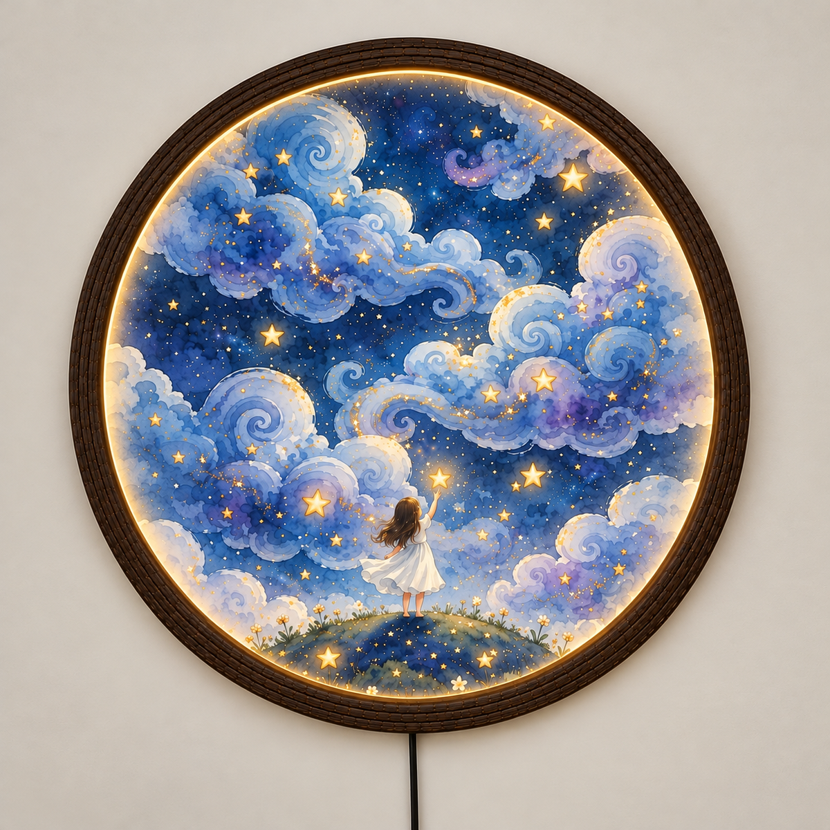 Glowing Starry Sky LED Wall Lamp, Round Celestial Wall Art with Wooden Frame, Dreamy Blue Cloud & Golden Star Home Decor