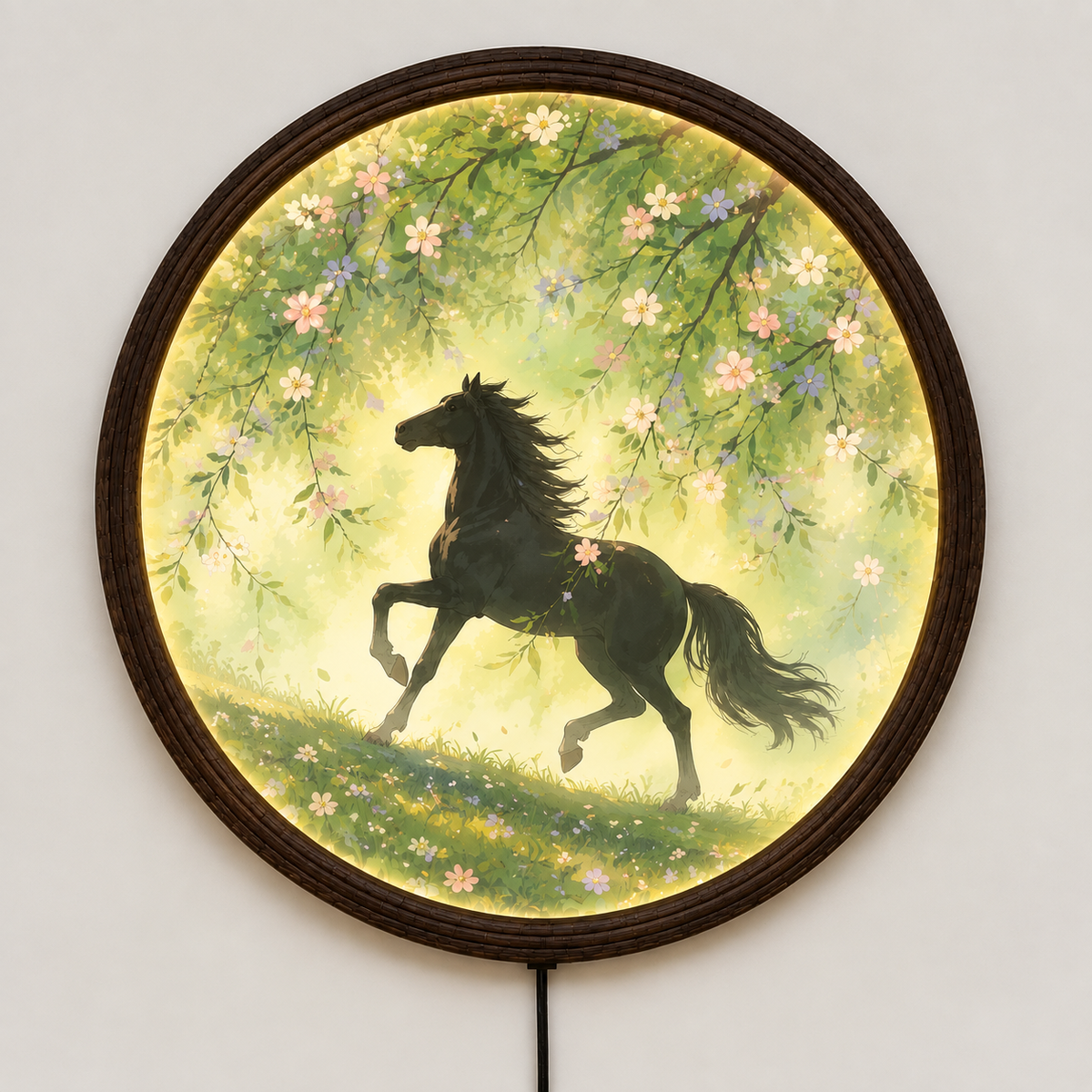Horse Meadow LED Wall Art – Illuminated Round Rustic Home Decor