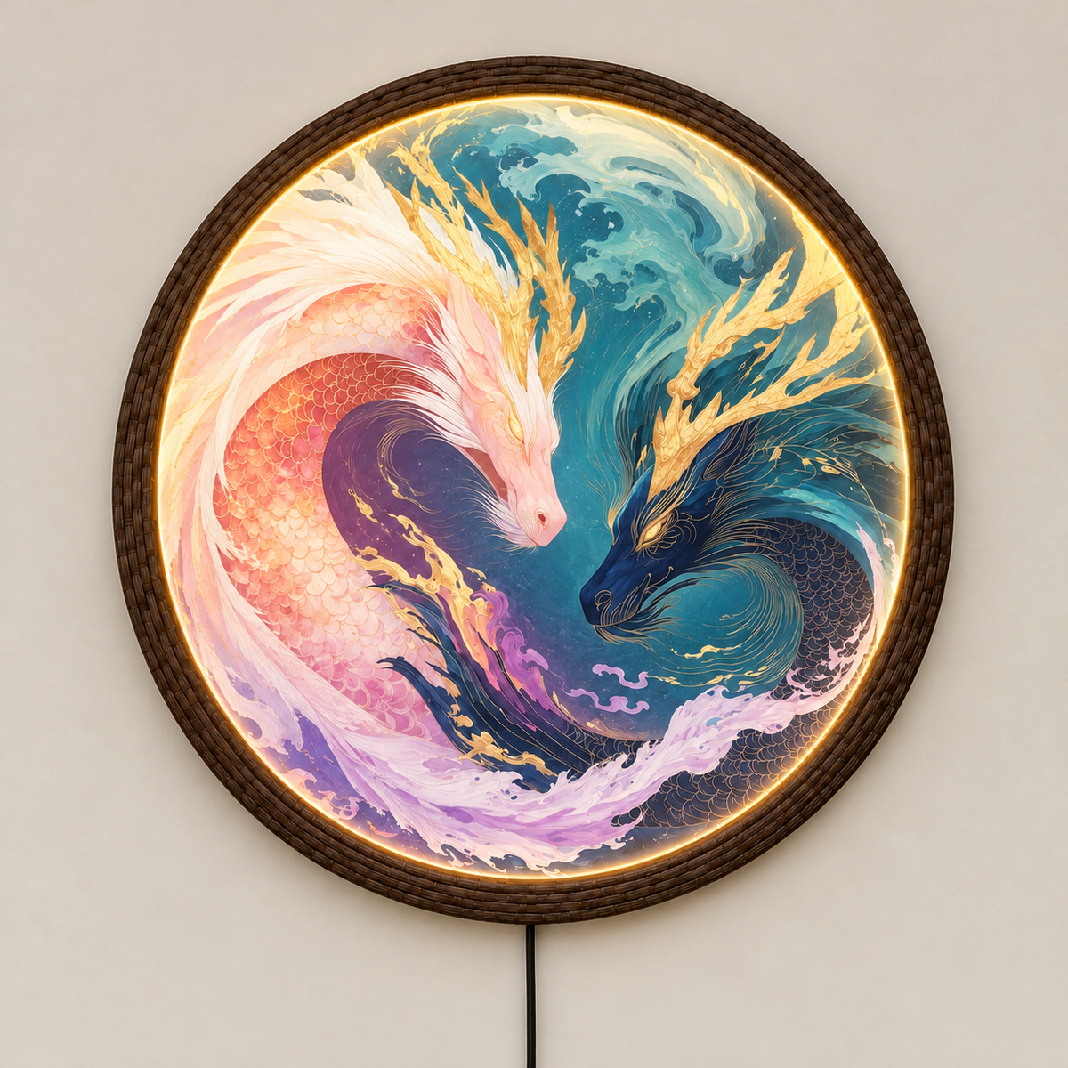 Illuminated Yin Yang Dragon Fish Wall Art, Round LED Wall Lamp, Asian-Inspired Home Decor