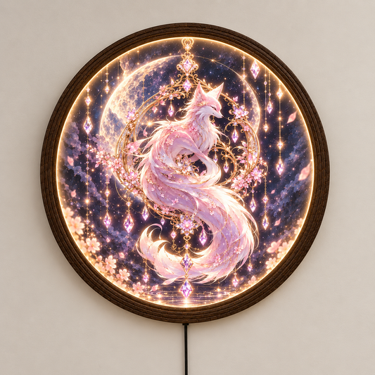 Mystical Pink Fox LED Wall Lamp, Round Fantasy Wall Art Light with Wooden Frame, Celestial Home Decor