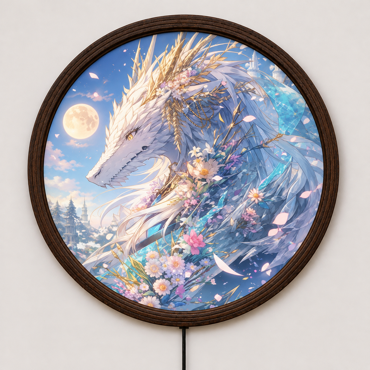 Moonlit Ice Dragon LED Wall Art, Round Fantasy Lighted Wall Decor