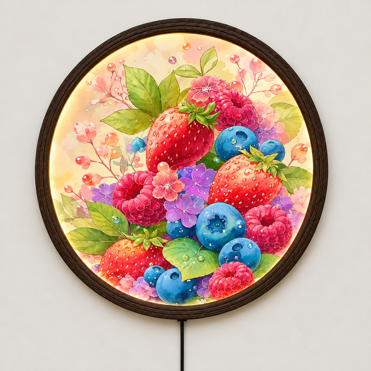 Illuminated Berry Blossom LED Wall Art, Round Floral Light Decor