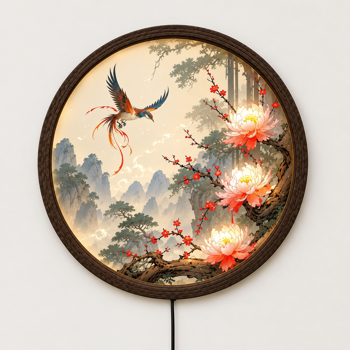 Illuminated Phoenix & Peony Round Wall Art – Oriental Landscape LED Light Box Wall Decor
