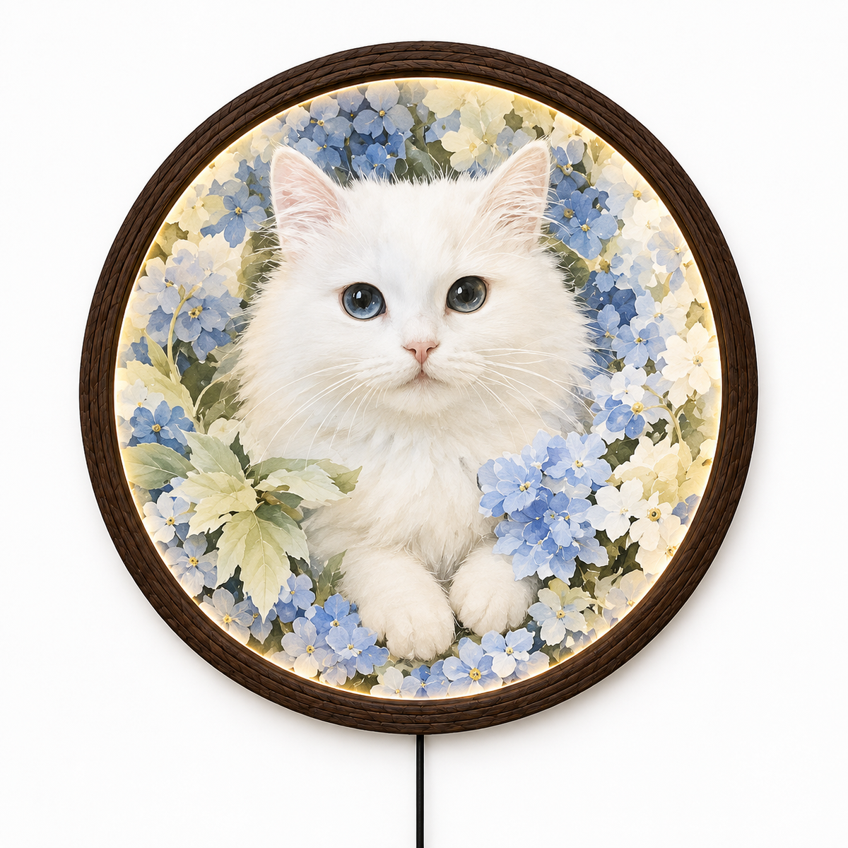 White Cat LED Round Wall Art – Blue Floral Illuminated Home Decor