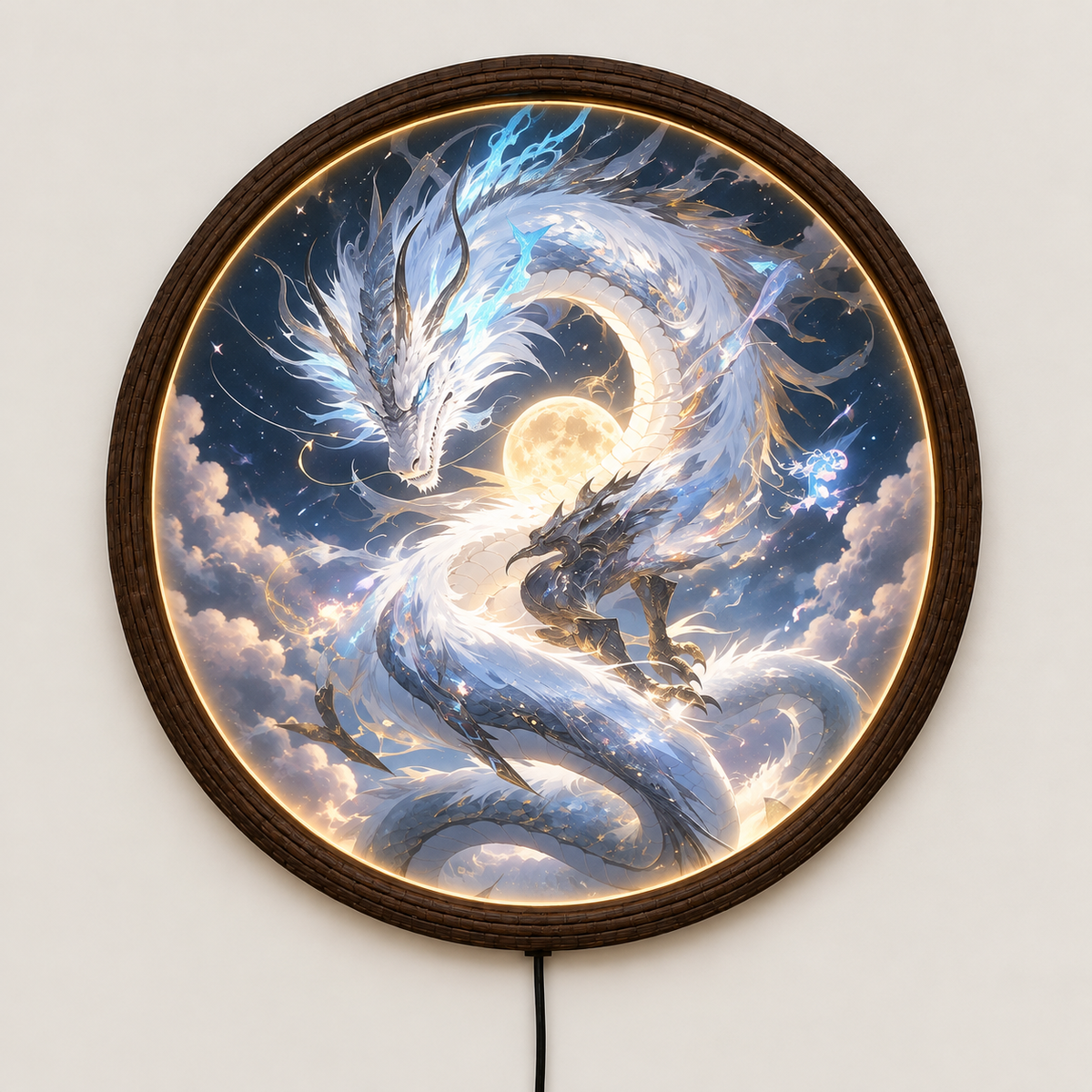 Illuminated Celestial Dragon Round LED Wall Art – Wooden Frame, Fantasy Home Decor