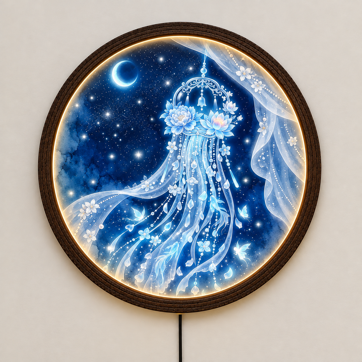 Celestial Dreamcatcher LED Wall Art, Round Illuminated Moon and Floral Wall Decor