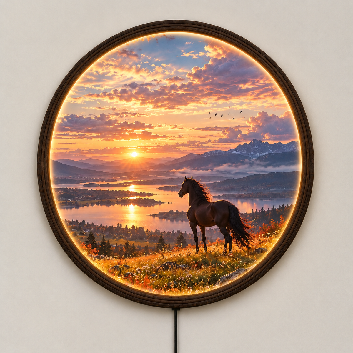 Illuminated Horse Sunset Landscape Round Wall Art – LED Lighted Rustic Home Decor
