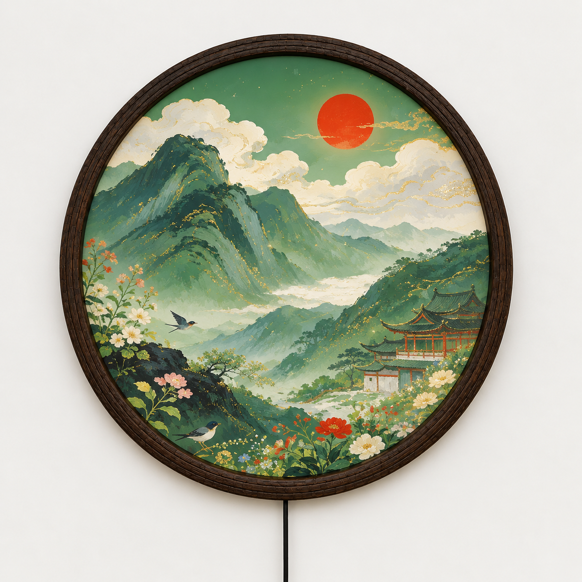 Round LED Mountain Landscape Wall Lamp, Illuminated Asian Scenery Wall Decor
