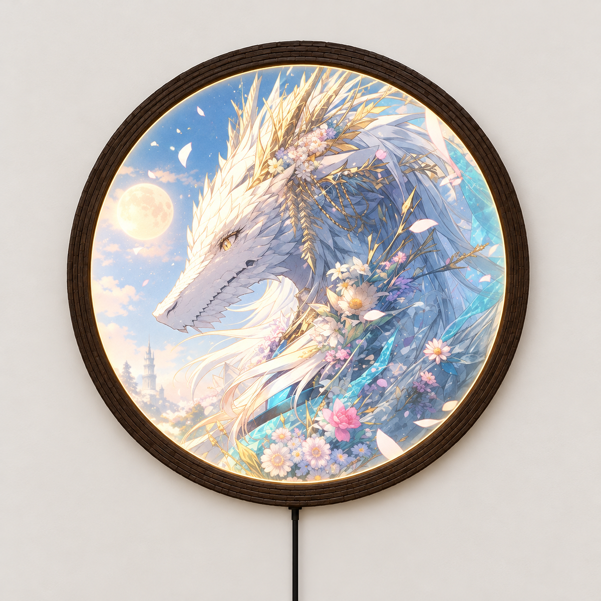 Moonlit Ice Dragon LED Wall Art, Round Fantasy Lighted Wall Decor