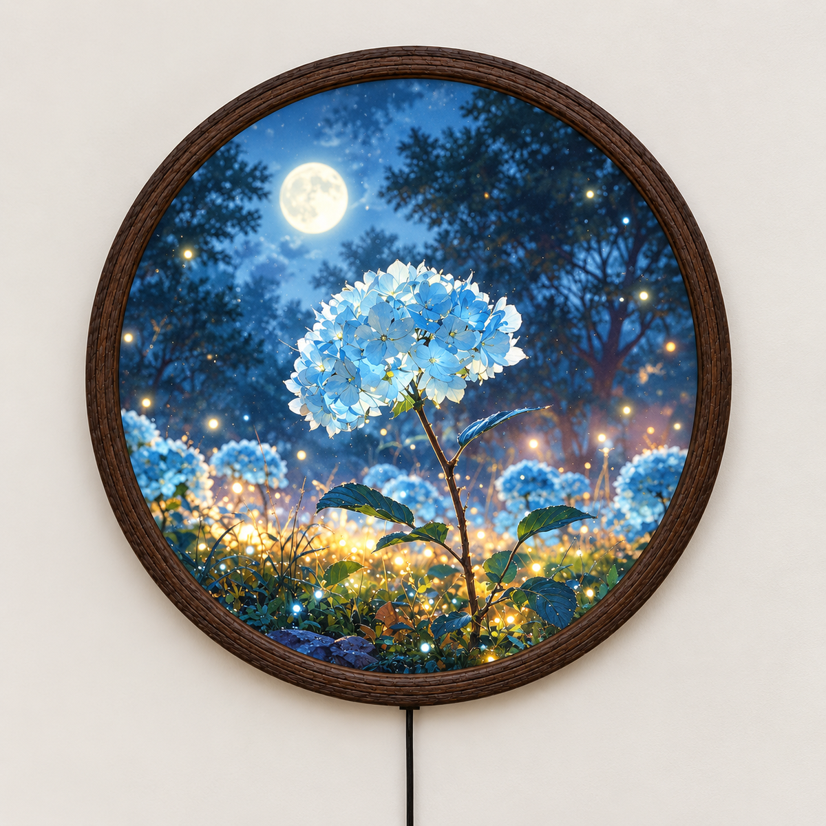 Illuminated Round Floral Wall Art with LED Light – Wooden Frame Home Decor