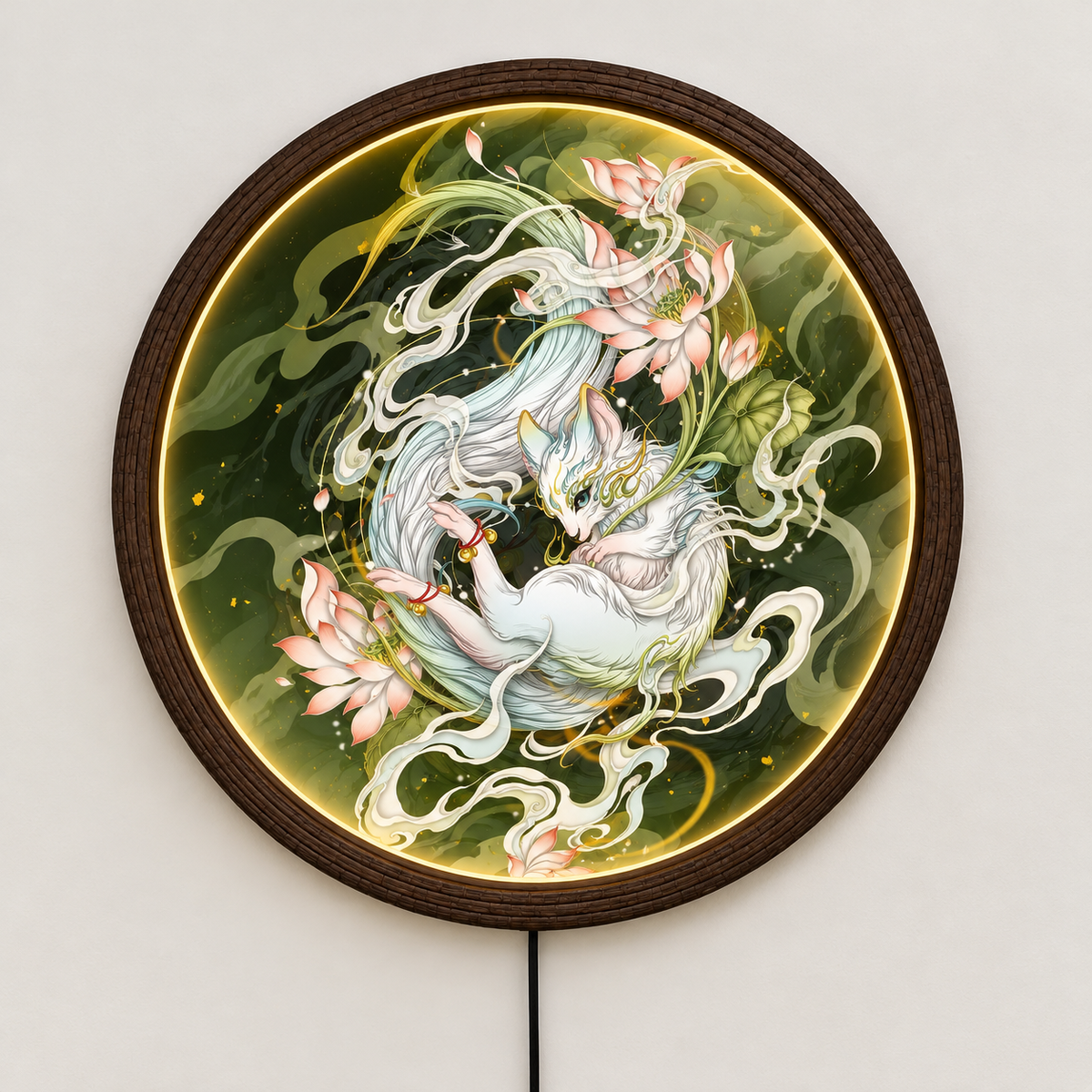 Illuminated Japanese Kitsune Nine-Tailed Fox & Lotus LED Round Wall Art | Mystical Light-Up Home Decor