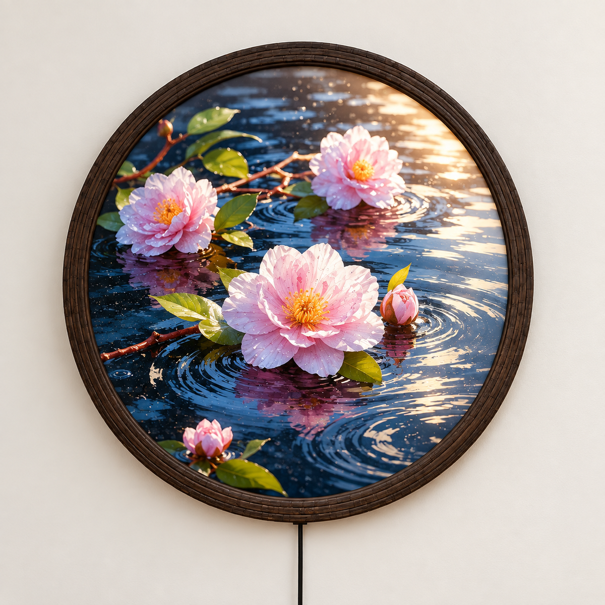 Illuminated Lotus Pond Wall Art – Round LED Wall Decor with Wooden Frame