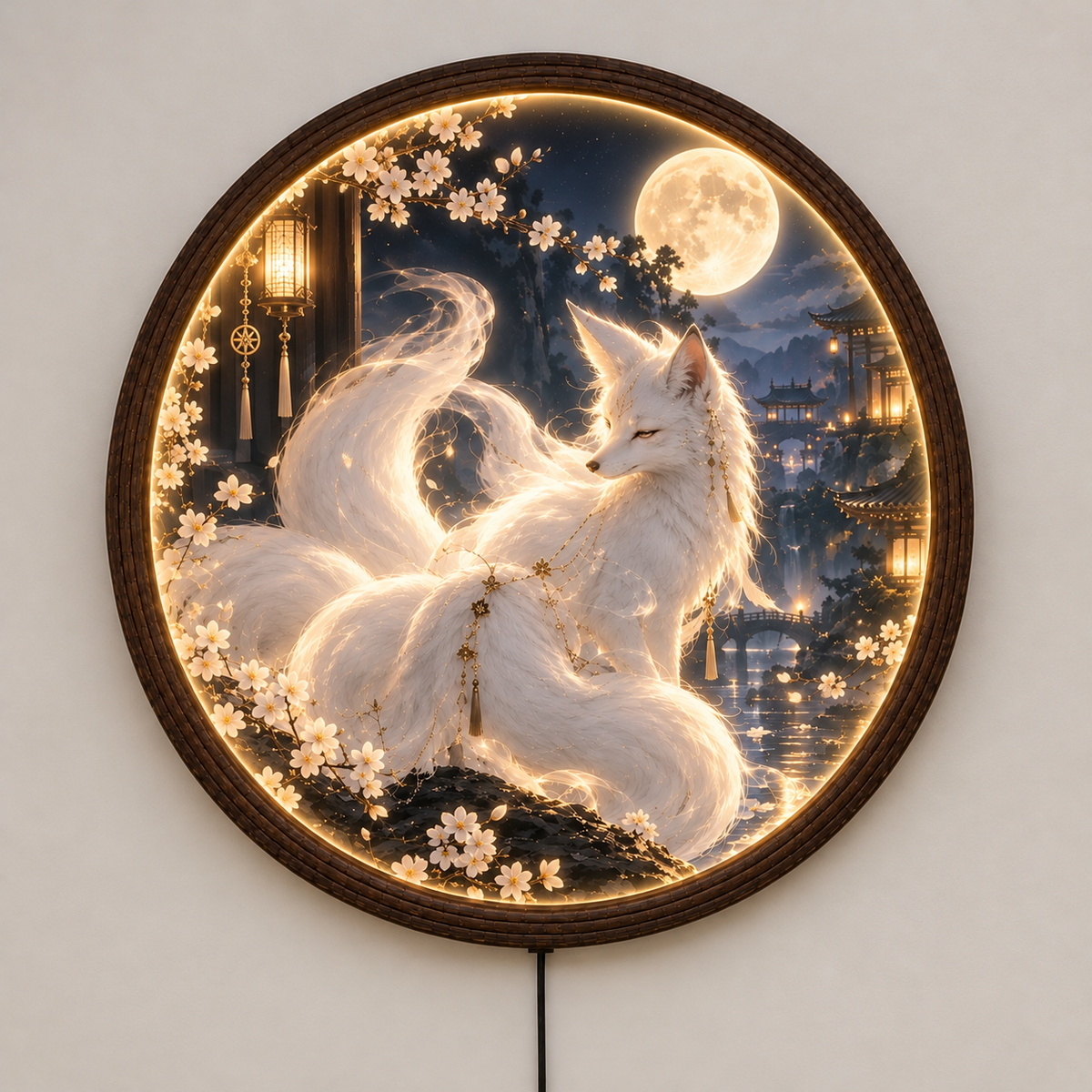 Moonlit Kitsune LED Wall Art – Illuminated Japanese Fox Wall Decor