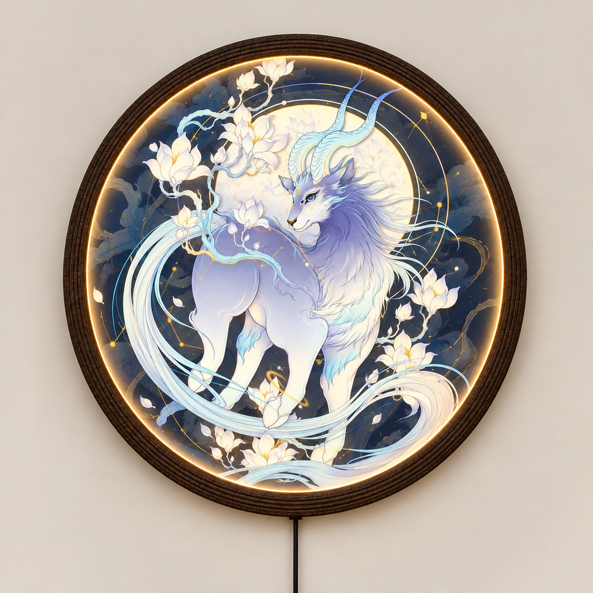 Celestial Qilin LED Light Up Wall Art - Illuminated Round Mythological Creature Decor with Acrylic Face & Wooden Frame