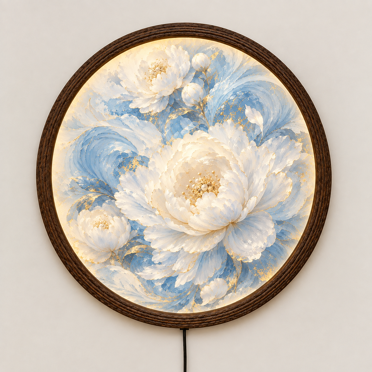 Illuminated Floral Wall Art – Blue & White Peony LED Round Wall Decor