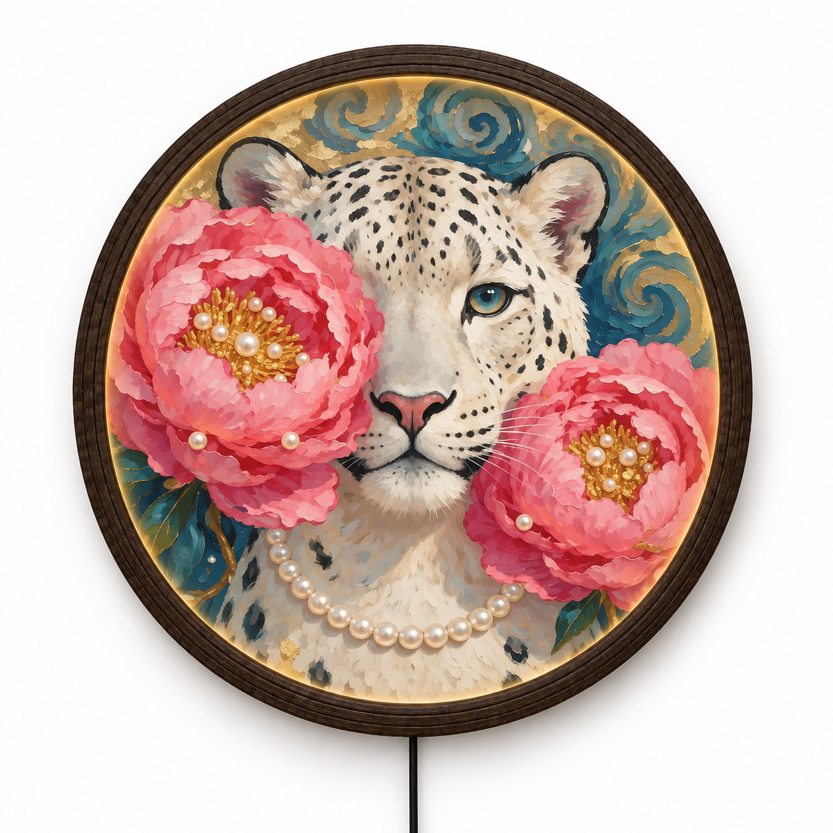 Illuminated Snow Leopard Floral Wall Art – Round LED Wall Decor