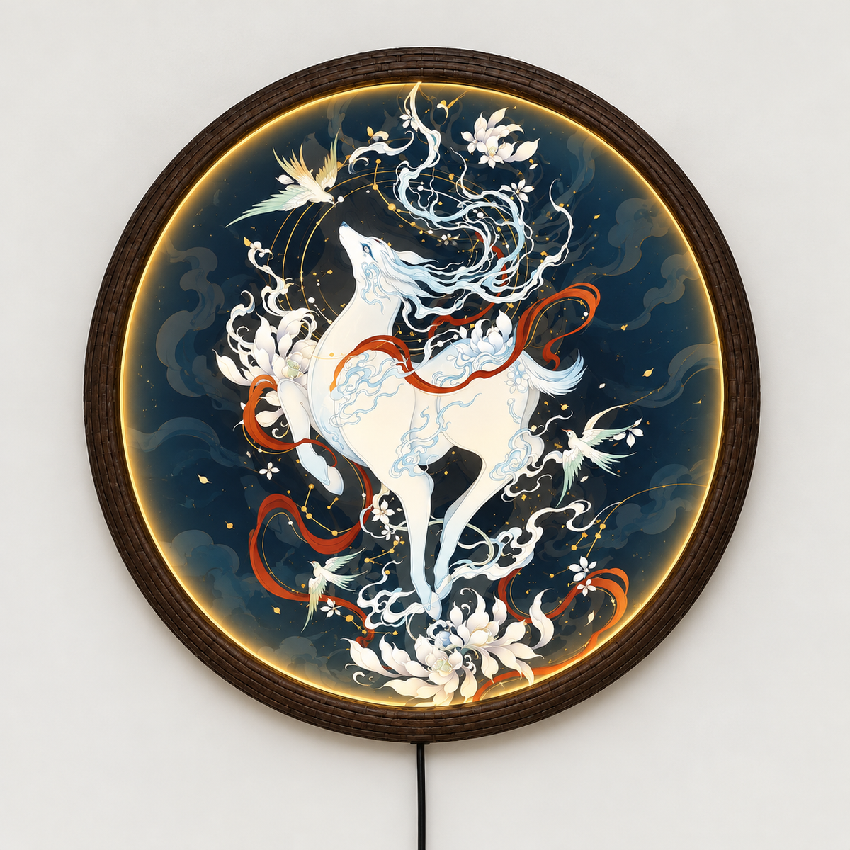 Luminous Mystical White Stag LED Wall Art – Illuminated Round Deer
