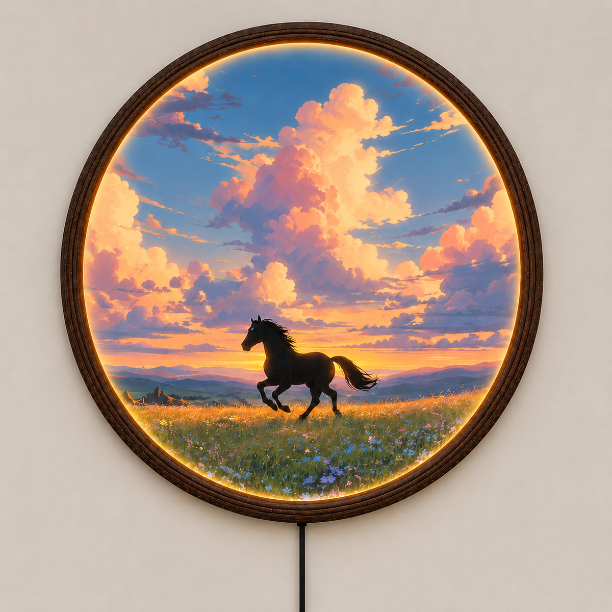 Backlit Horse Sunset Wall Art – Illuminated Round LED Wall Decor