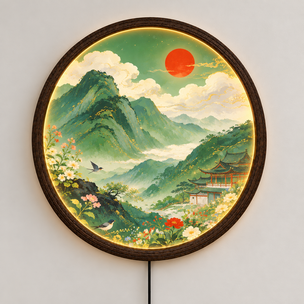 Round LED Mountain Landscape Wall Lamp, Illuminated Asian Scenery Wall Decor