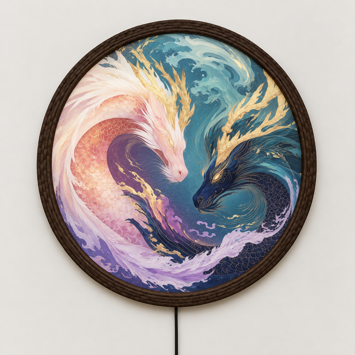 Illuminated Yin Yang Dragon Fish Wall Art, Round LED Wall Lamp, Asian-Inspired Home Decor