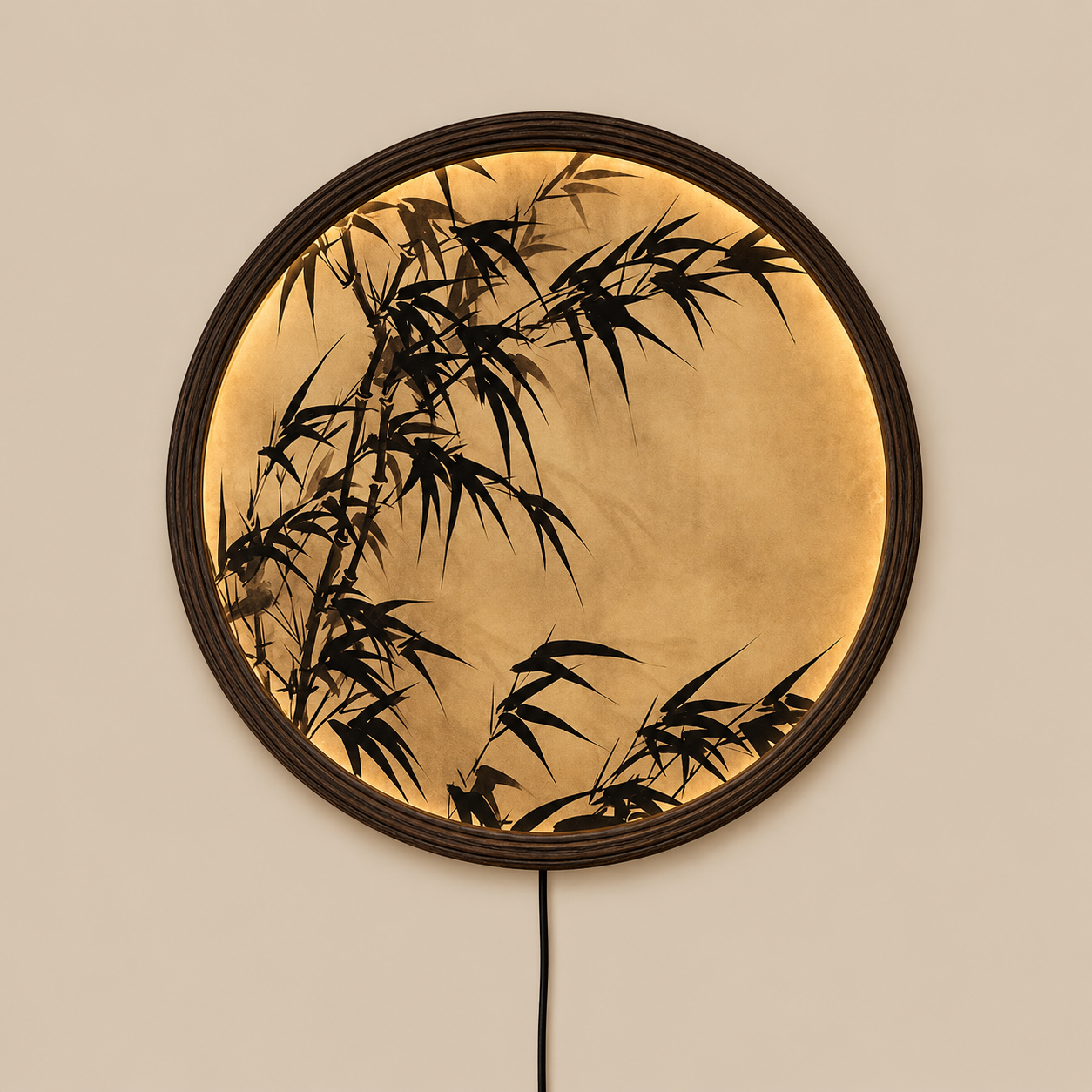 Round Bamboo LED Wall Art – Japanese Zen Illuminated Wall Decor with Warm Light, Modern Asian Home Decor