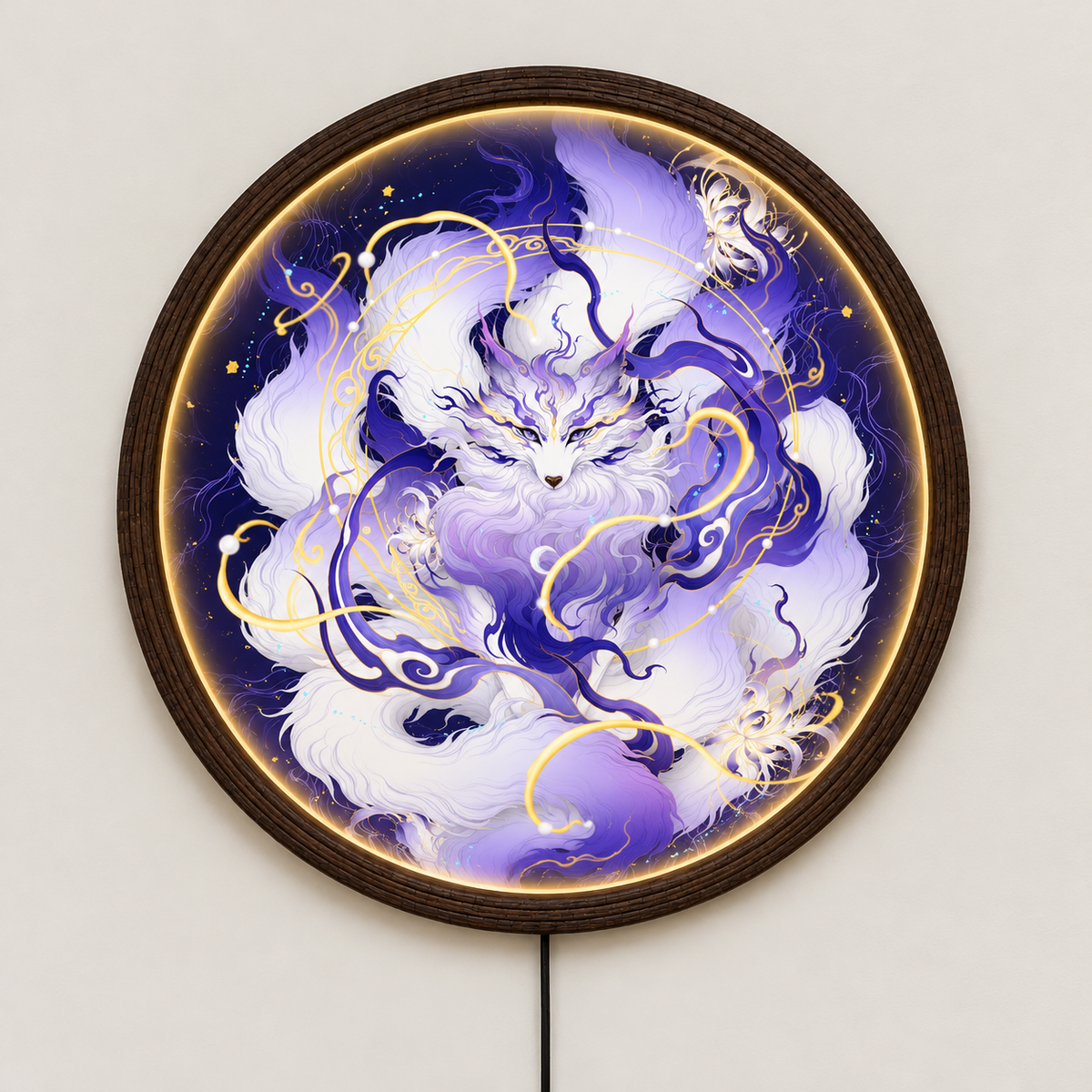 Japanese Nine-Tailed Kitsune Fox LED Wall Art Light – Glowing Mystical Round Wall Decor