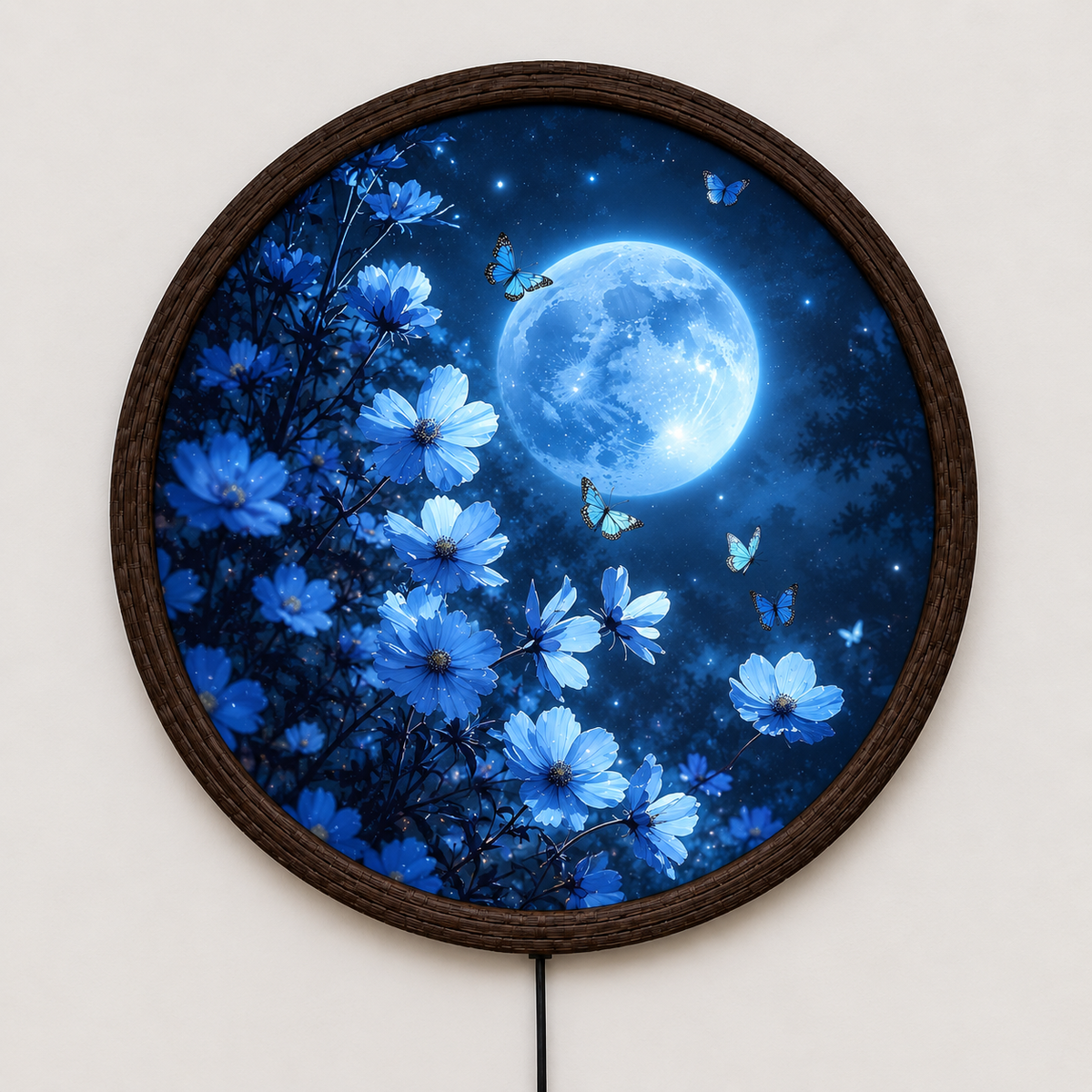 Moonlit Blue Butterfly Garden LED Wall Art – Round Illuminated Floral Wall Decor