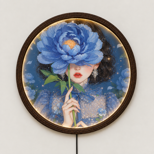 Blue Flower Portrait LED Wall Art – Round Illuminated Floral Home Decor