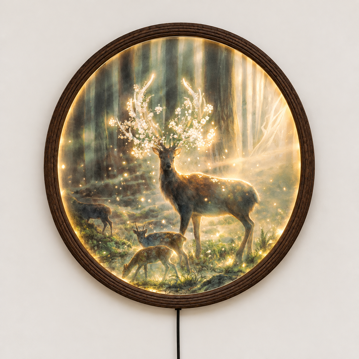 Round LED Deer Forest Wall Art – Illuminated Woodland Animal Wall Decor