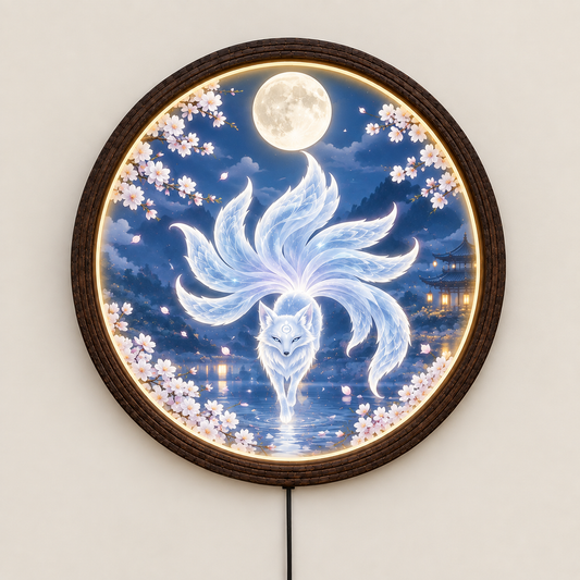 Mystical Nine-Tailed Fox LED Wall Lamp, Moonlit Fantasy Round Wall Art with Wooden Frame, Blue Celestial Home Decor