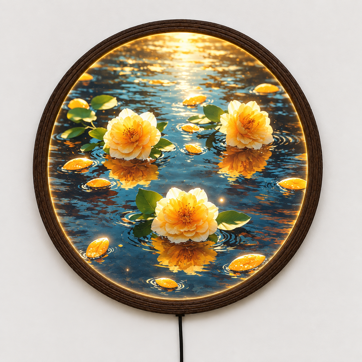 Luminous Lotus Water LED Wall Art Lamp – Round Wooden Frame Home Decor