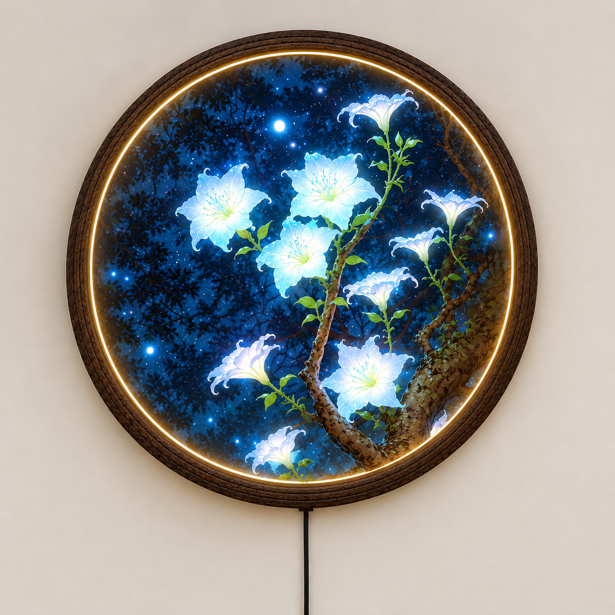 Luminous Moonlit Blossom LED Round Wall Art – Botanical Lighted Wall Decor