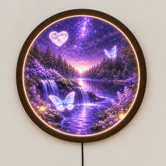 Purple Moonlit River LED Wall Light, Round Fantasy Landscape Wall Decor with Wooden Frame