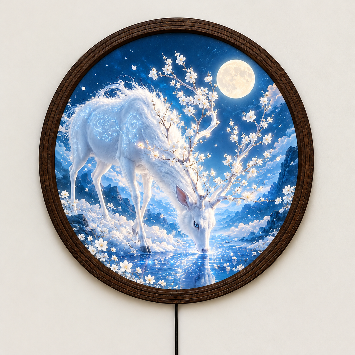 White Deer Moonlight LED Round Wall Lamp, Cherry Blossom & Moon Fantasy Wall Art, Wooden Frame Decorative Light for Bedroom and Living Room