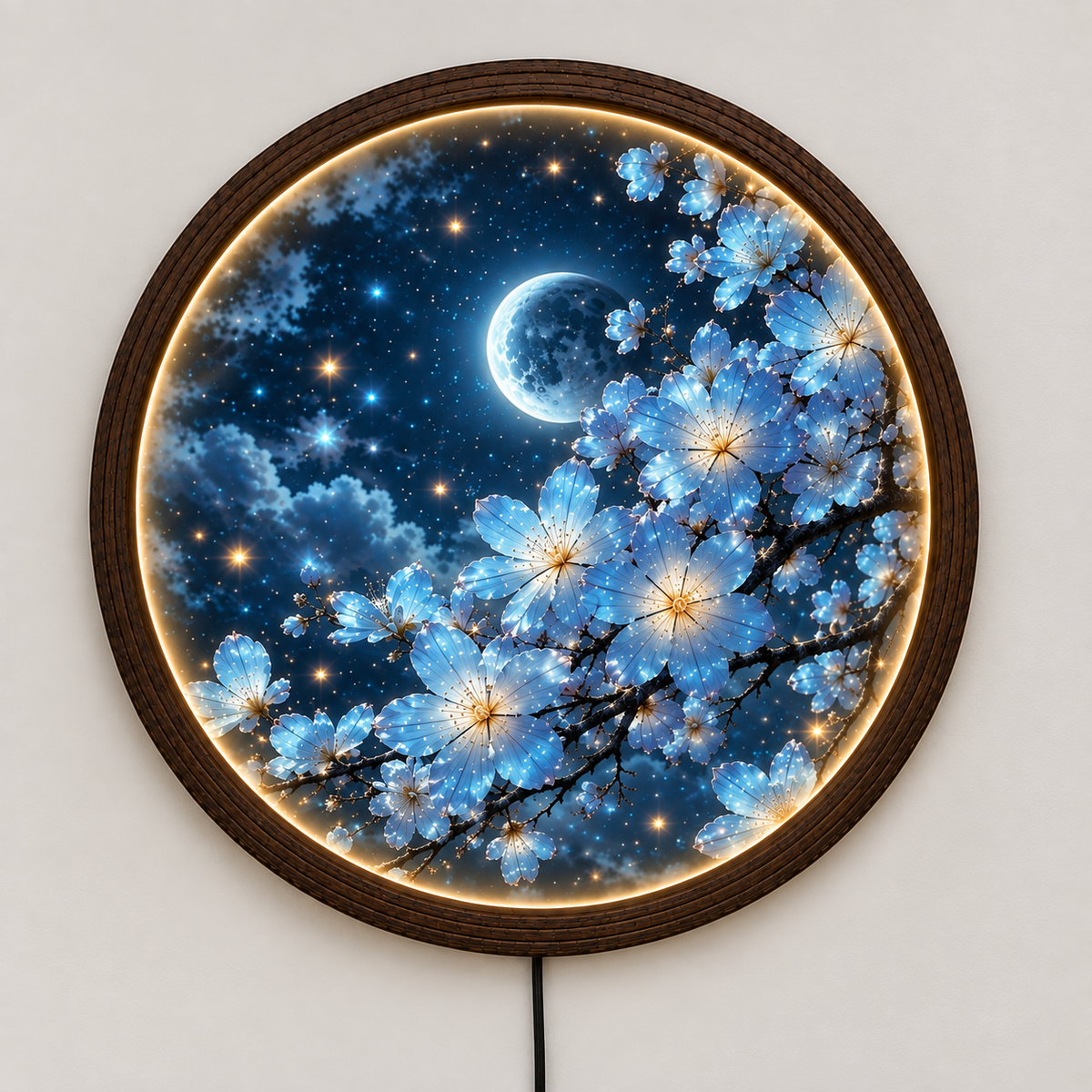 Moonlit Blue Blossom LED Round Wall Art – Illuminated Floral Home Decor